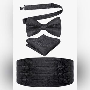 Elegant Black & Blue Paisley Mens Classic Bow Tie Cummerbund and Pocket Square